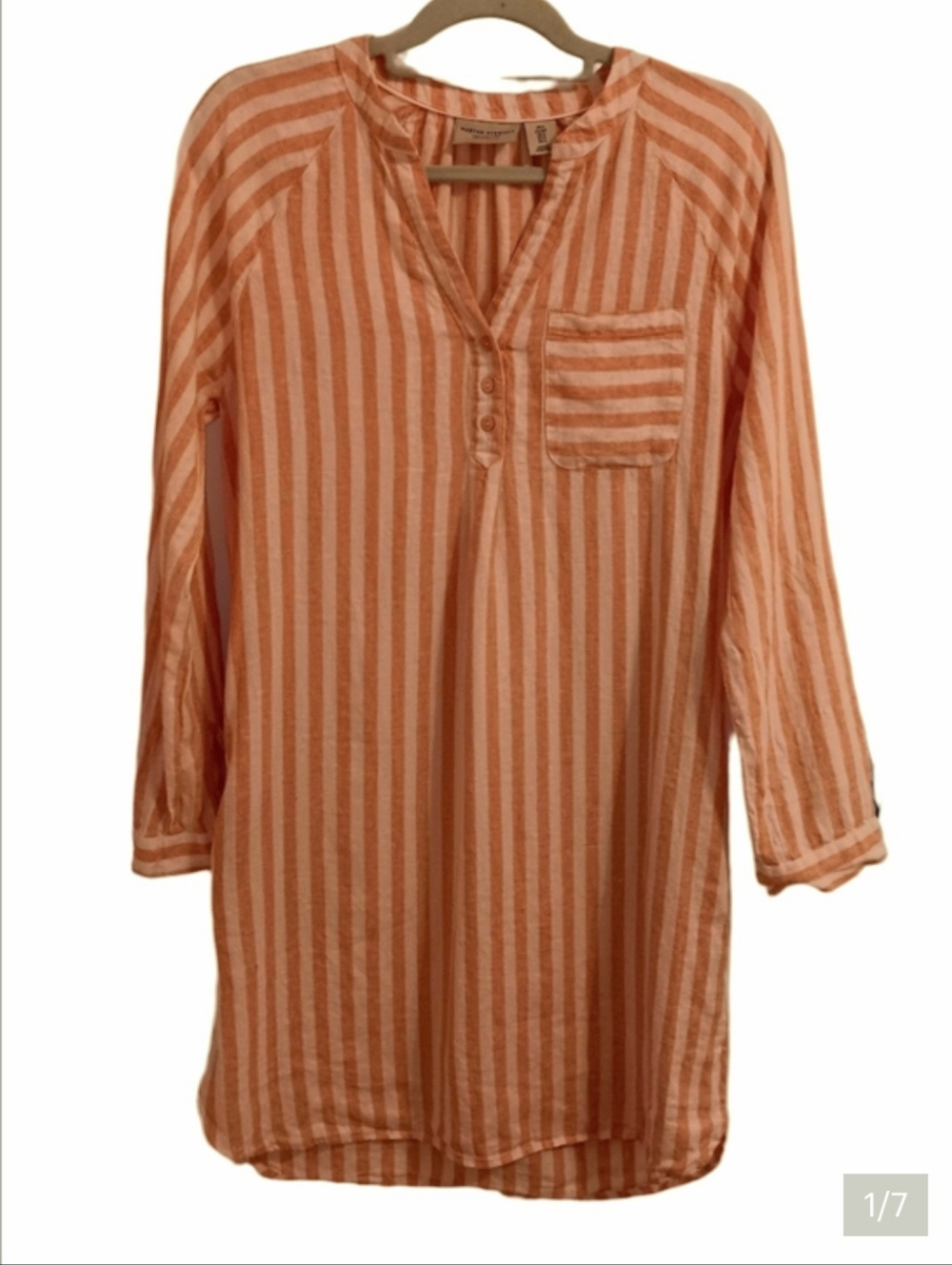 Martha Stewart 100% Linen Pink On Pink Striped Long Sleeve Shirt Dress Pop-on S